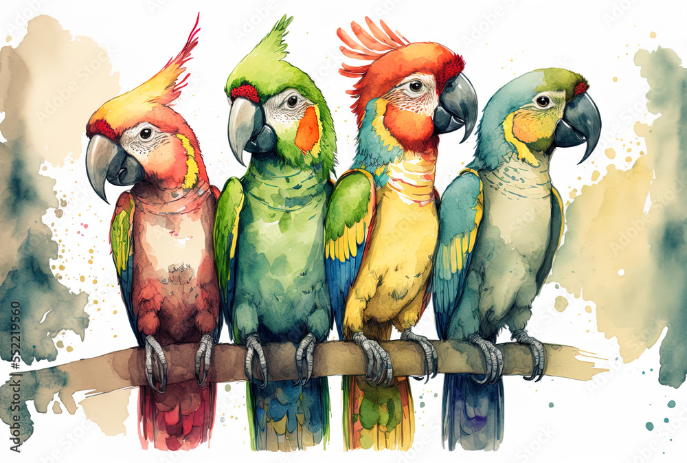 watercolor artwork of a group of adorable cartoon parrots. Generative AI