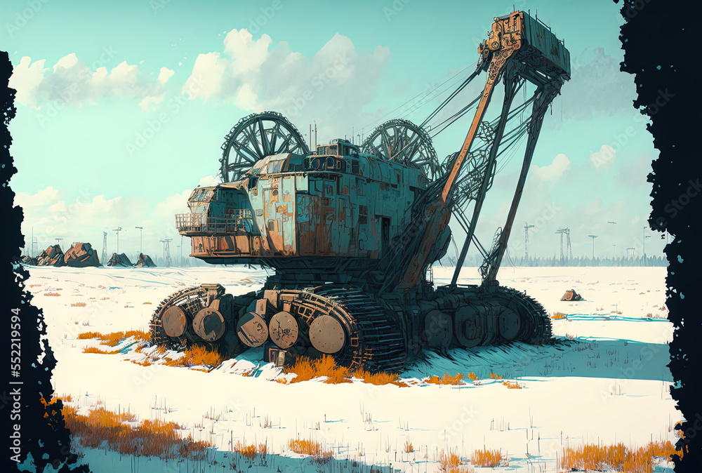 In the winter, an abandoned huge bucket wheel excavator stands in a field. Generative AI