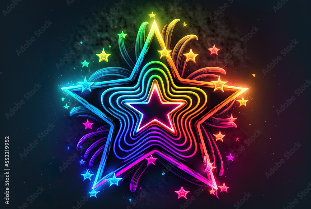 Neon star with rainbow lights. Generative AI