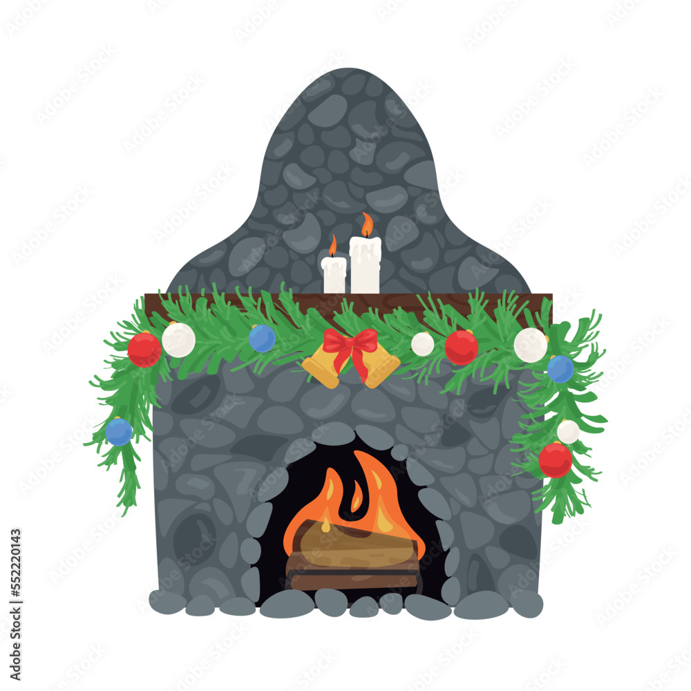 Fireplace with Christmas decor on white background