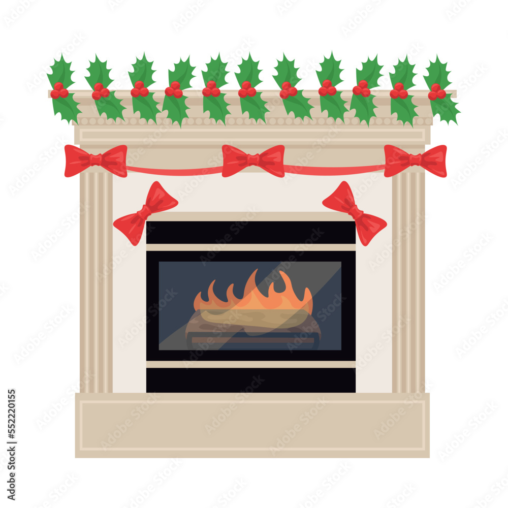 Fireplace with Christmas decor on white background