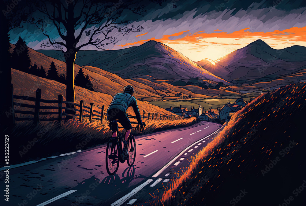 cyclist on a bike on a hilly road at dusk. Generative AI