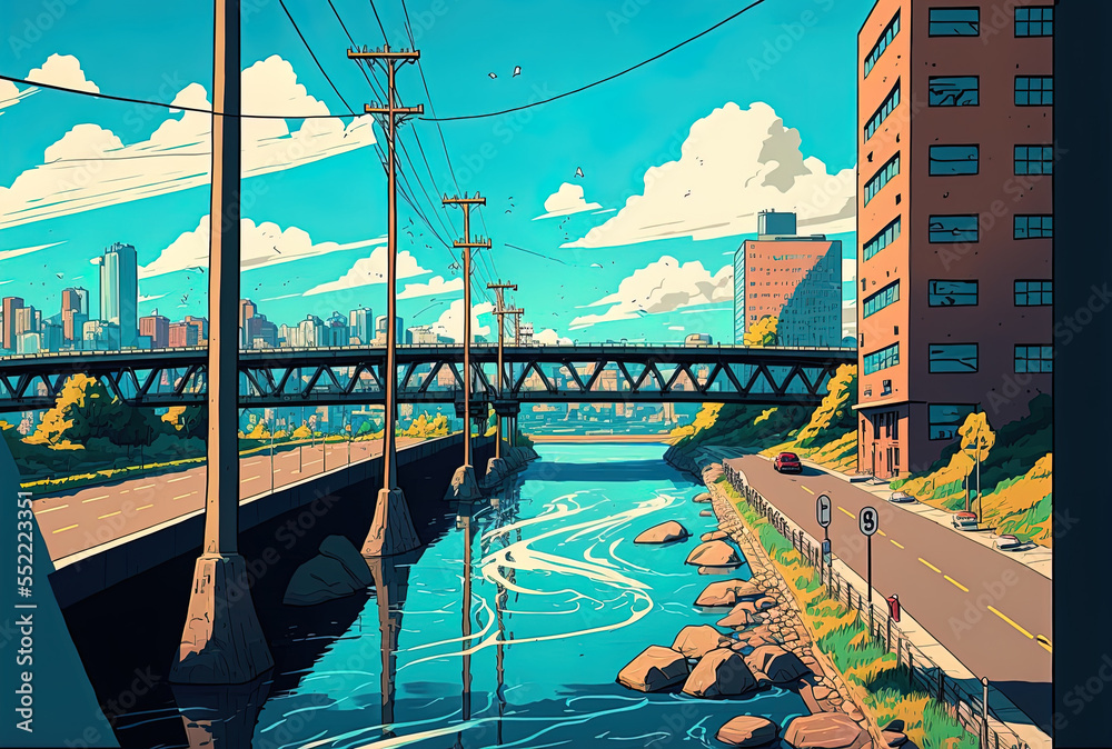 Vertical view of a river in the city near to roadways under a bright blue sky. Generative AI