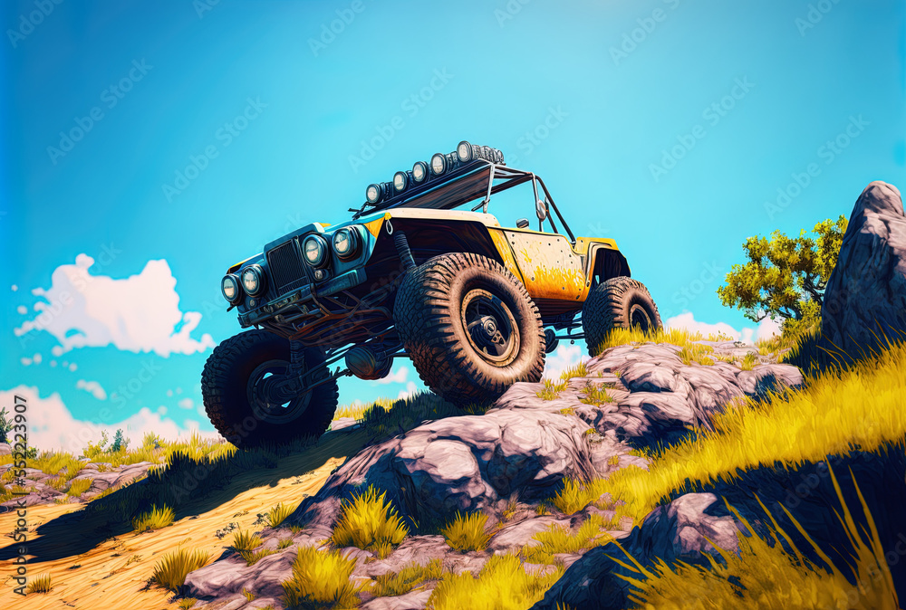 Beautiful midday image of an off road vehicle atop a hill with a blue sky in the distance. Generativ