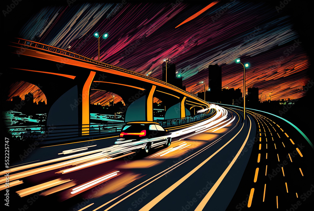 Motion blur on a nighttime interstate. Generative AI