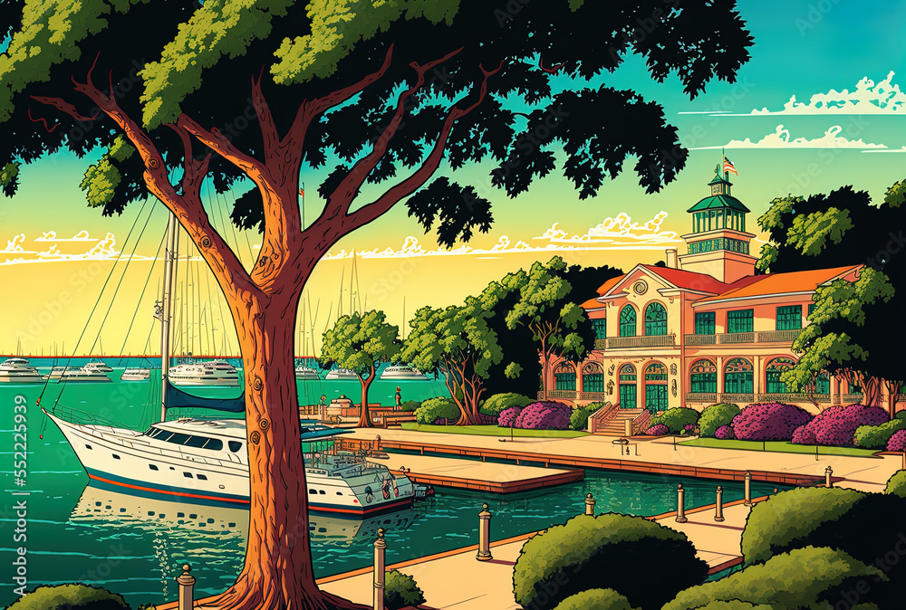 View of the yacht club and marina with one tree in the foreground. Generative AI