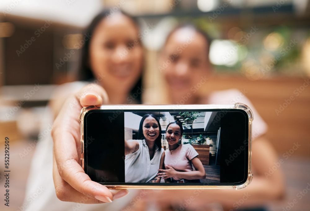 Phone, friends and woman with selfie on screen enjoying shopping, quality time and weekend at the ma