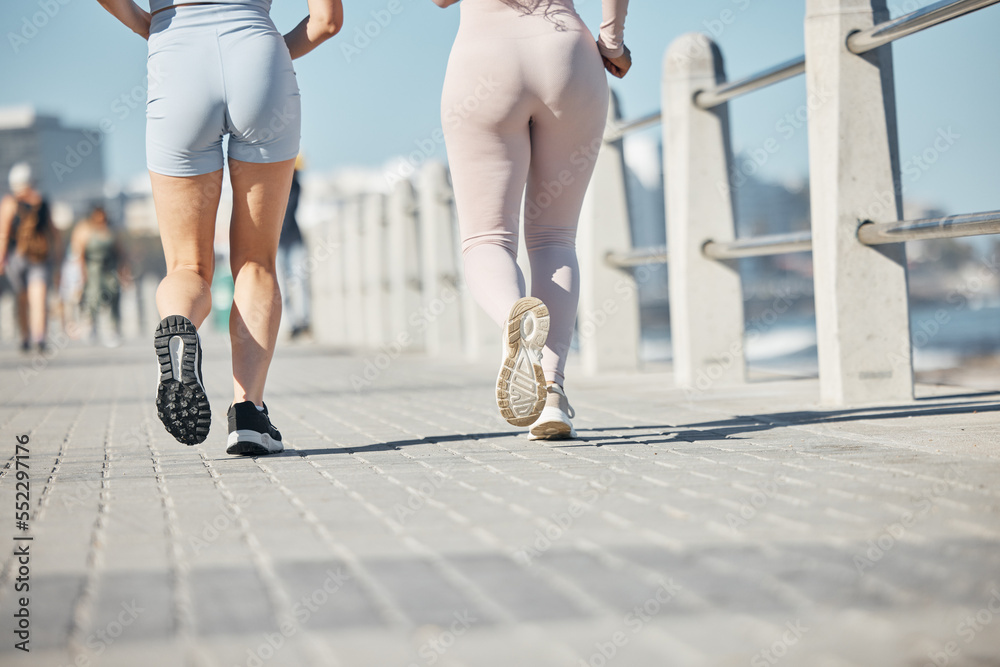 Beach, running and couple of friends legs for sports training, fitness and exercise together in summ