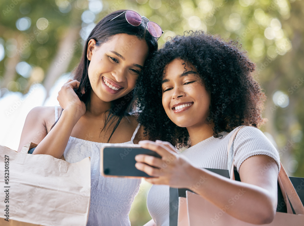 Selfie, phone and friends shopping in the city for luxury retail discounts, sales or promotions. Hap