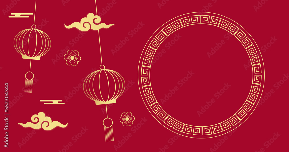 Image of chinese lanterns and shapes over circle on red background