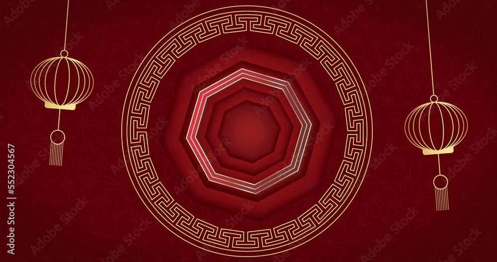 Image of lanterns and circles on red backrgound