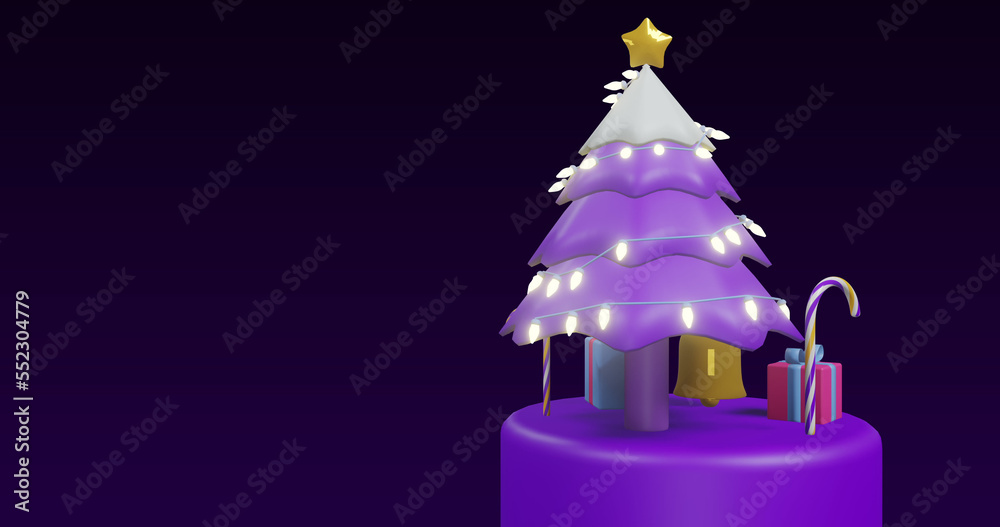 Image of spinning christmas tree and decorations on black background