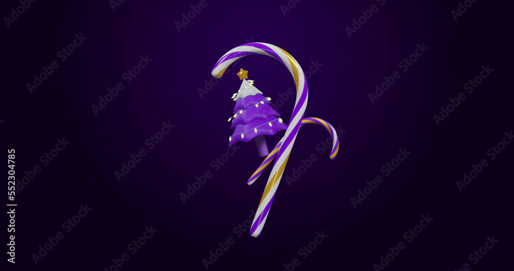 Image of spinning christmas tree and candy canes on black background