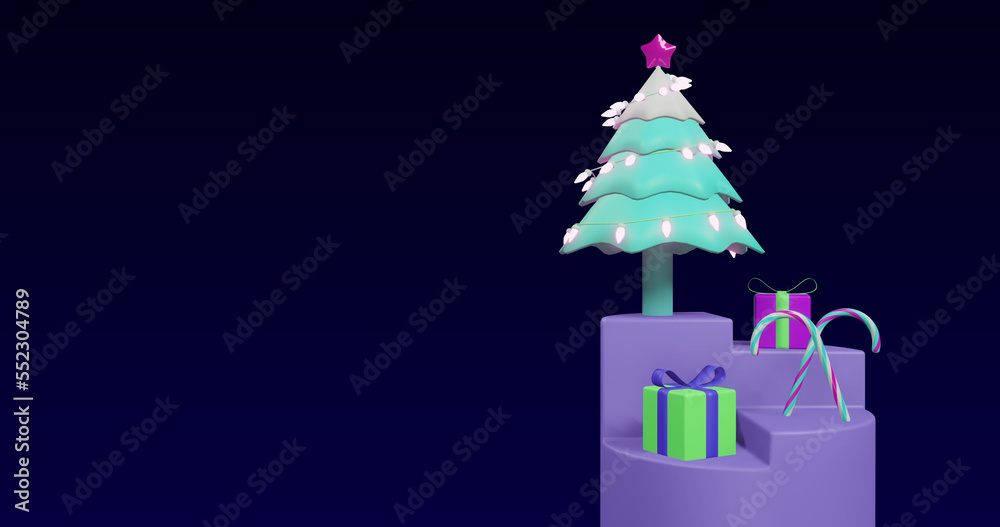 Image of spinning christmas tree and present on black background