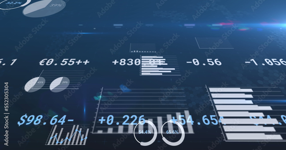 Image of financial data processing, numbers changing and statistics