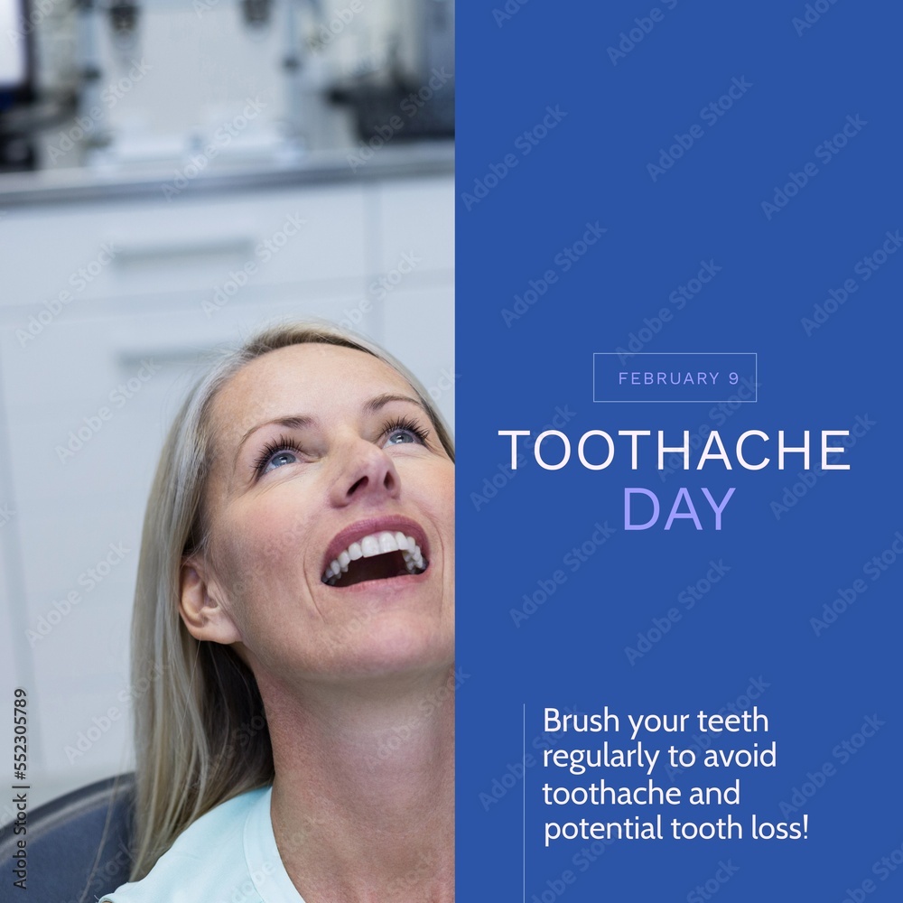 Composition of toothache day text and caucasian female patient at dentist