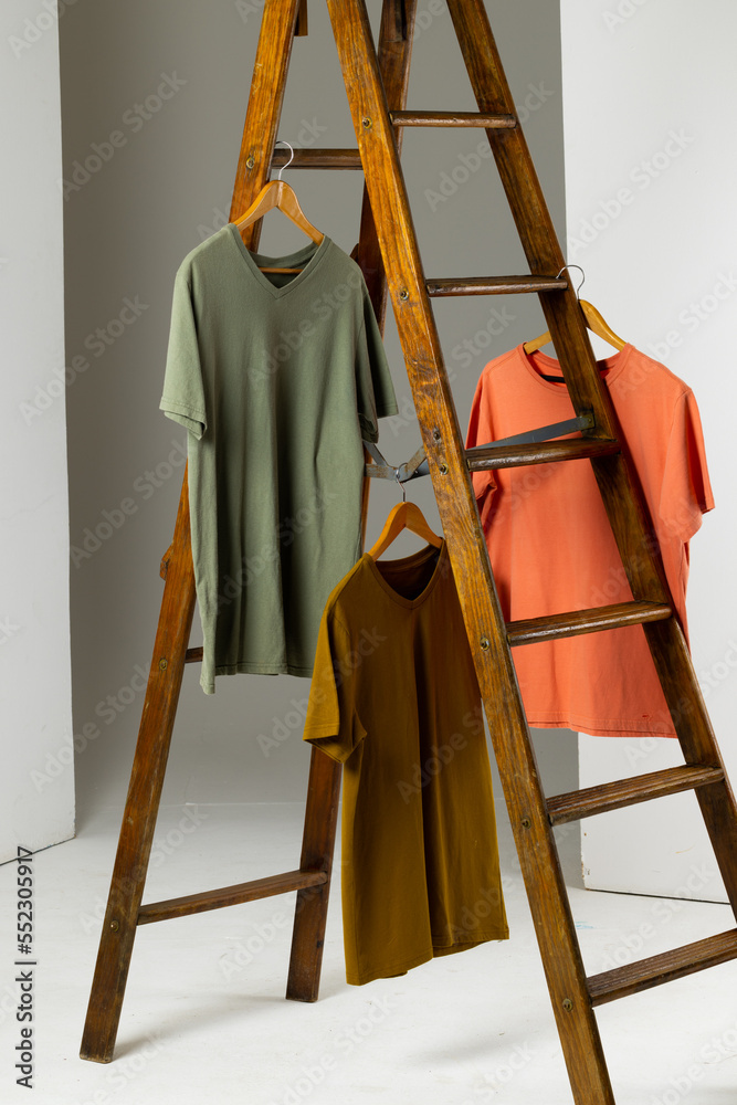 Tshirts displayed on ladder and copy space on white background