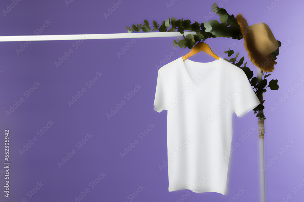 Tshirt hanging on coat hanger and copy space on purple background