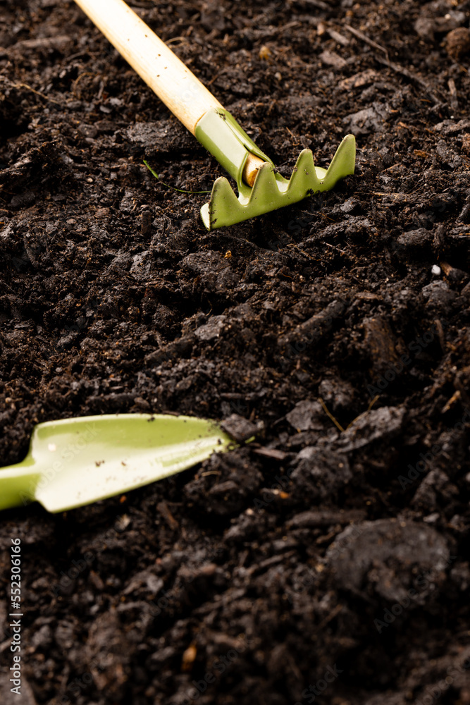 Overhead of miniature gardening trowel and rake on dark soil with bark pieces, with copy space