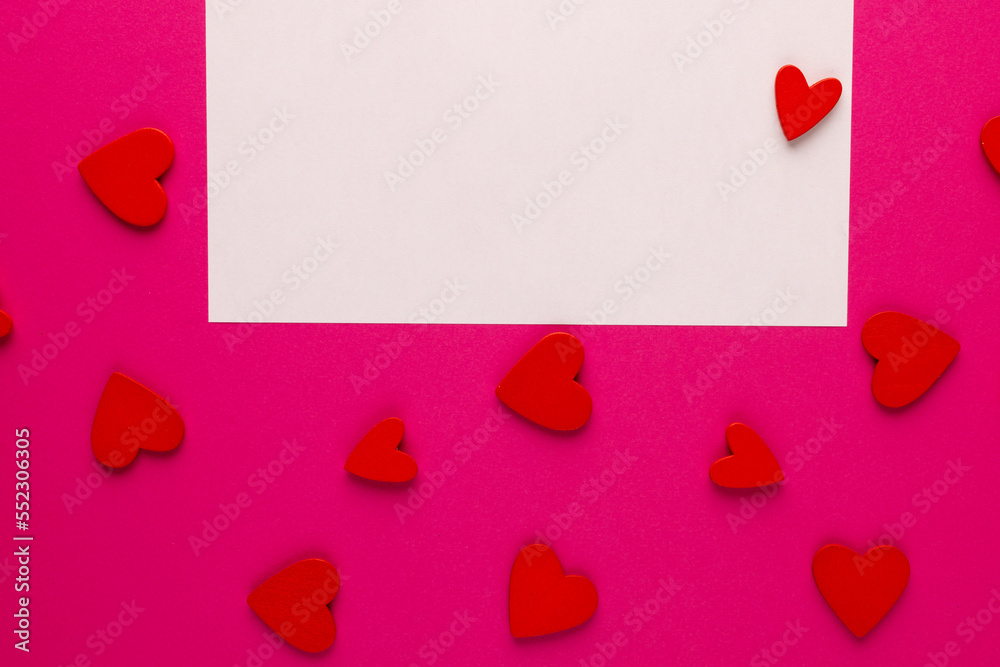 Horizontal white rectangular copy space with red heart shapes on pink background