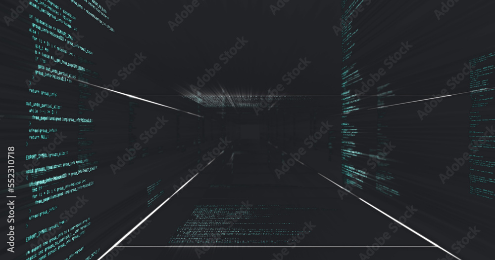 QR code scanner with neon elements against data processing