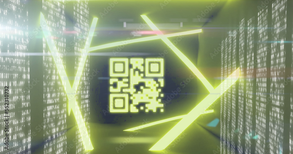 QR code scanner with neon elements against screens of data processing