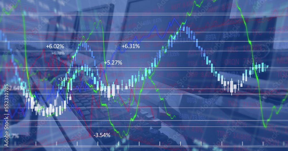 Image of financial data processing against close up of desks at office