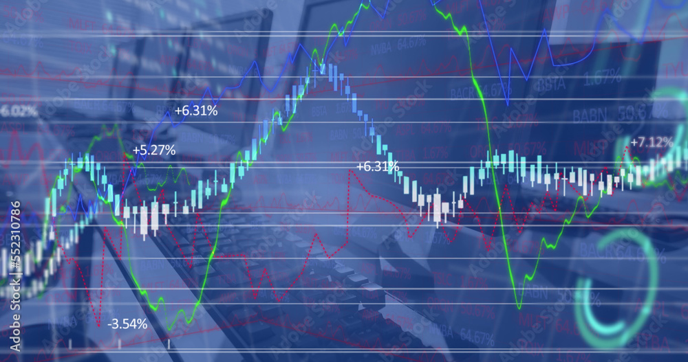 Image of financial data processing against close up of desks at office