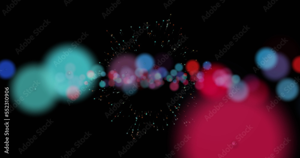 Image of falling light spots and confetti over black background