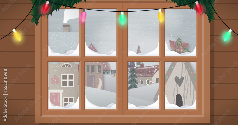 Image of window and snow falling over houses and winter landscape at christmas