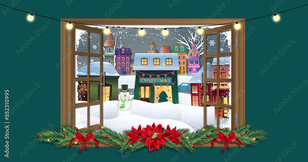 Image of window and snow falling over houses and winter landscape at christmas