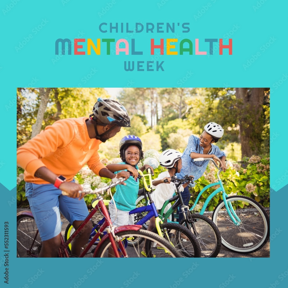 Composition of childrens mental health week text and family with children on bikes