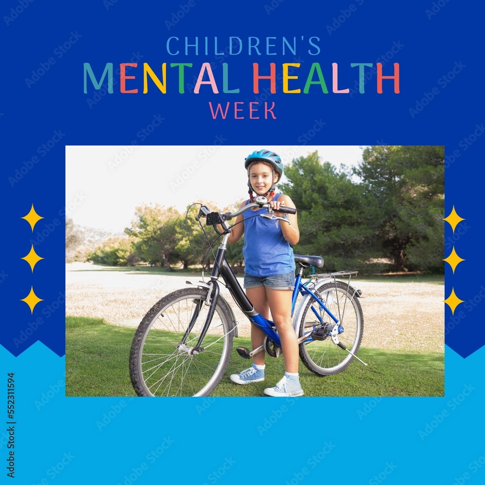 Composition of childrens mental health week text and girl on bike