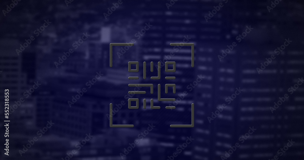 QR code scanner with neon elements against tall buildings