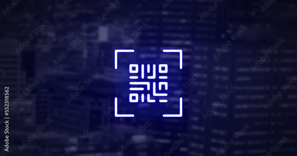 QR code scanner with neon elements against tall buildings