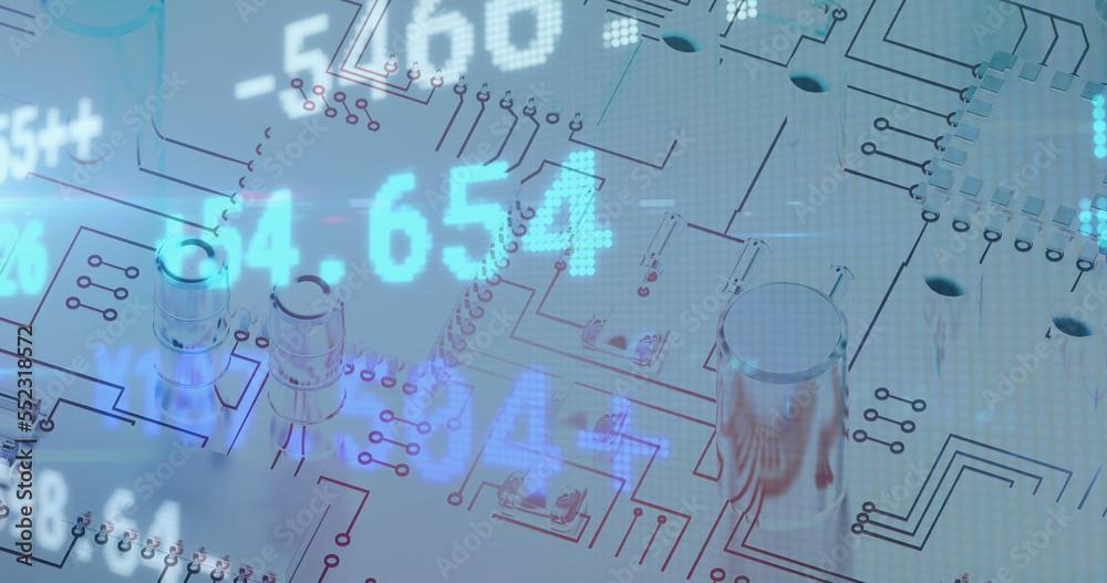 Digital image of stock market data processing against microprocessor connections