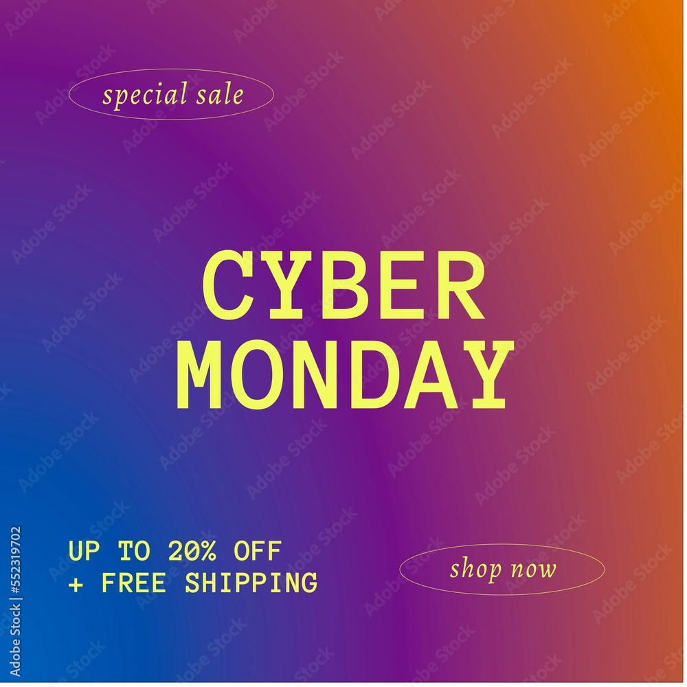 Image of cyber monday on blue, pink and orange background