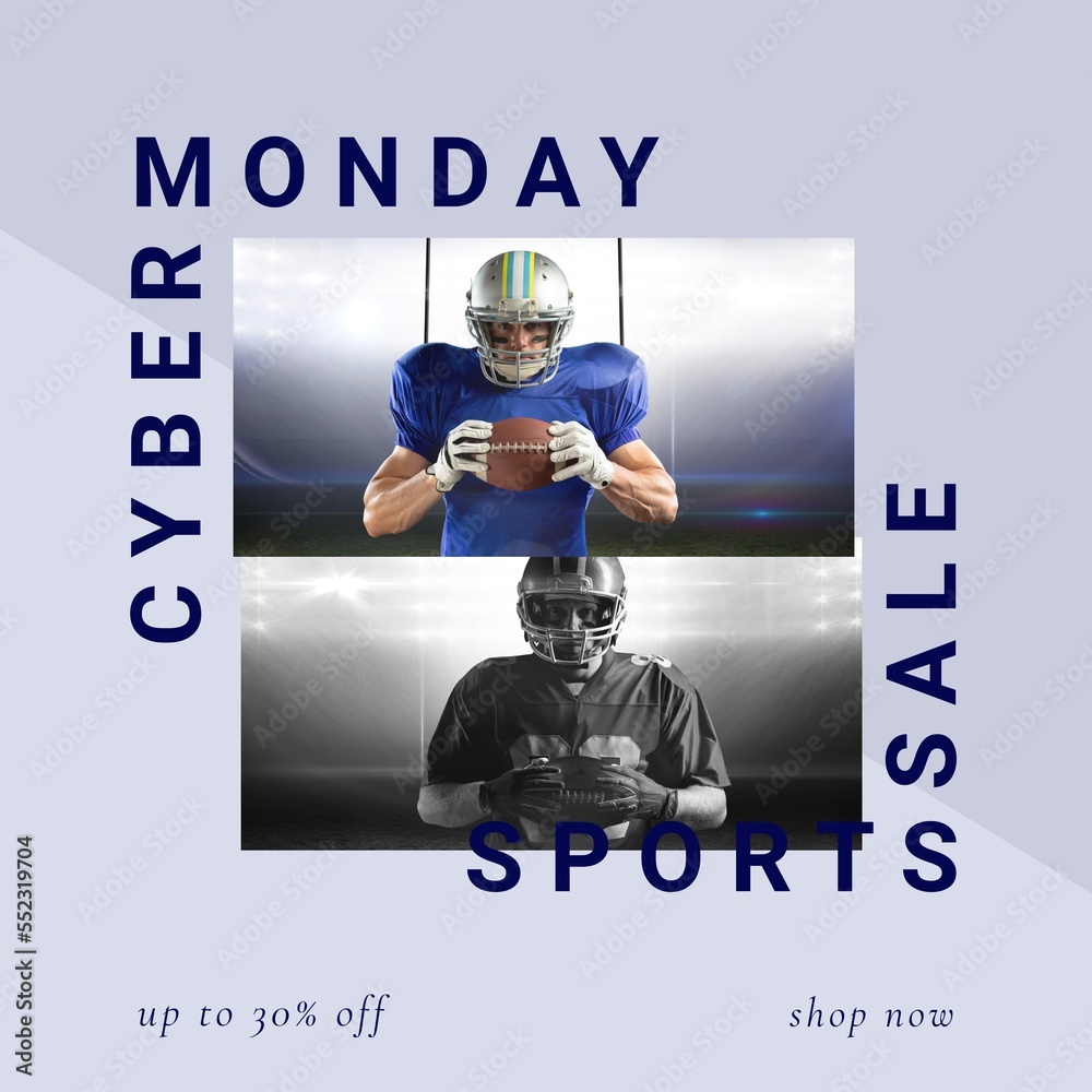 Image of cyber monday over caucasian male american football players