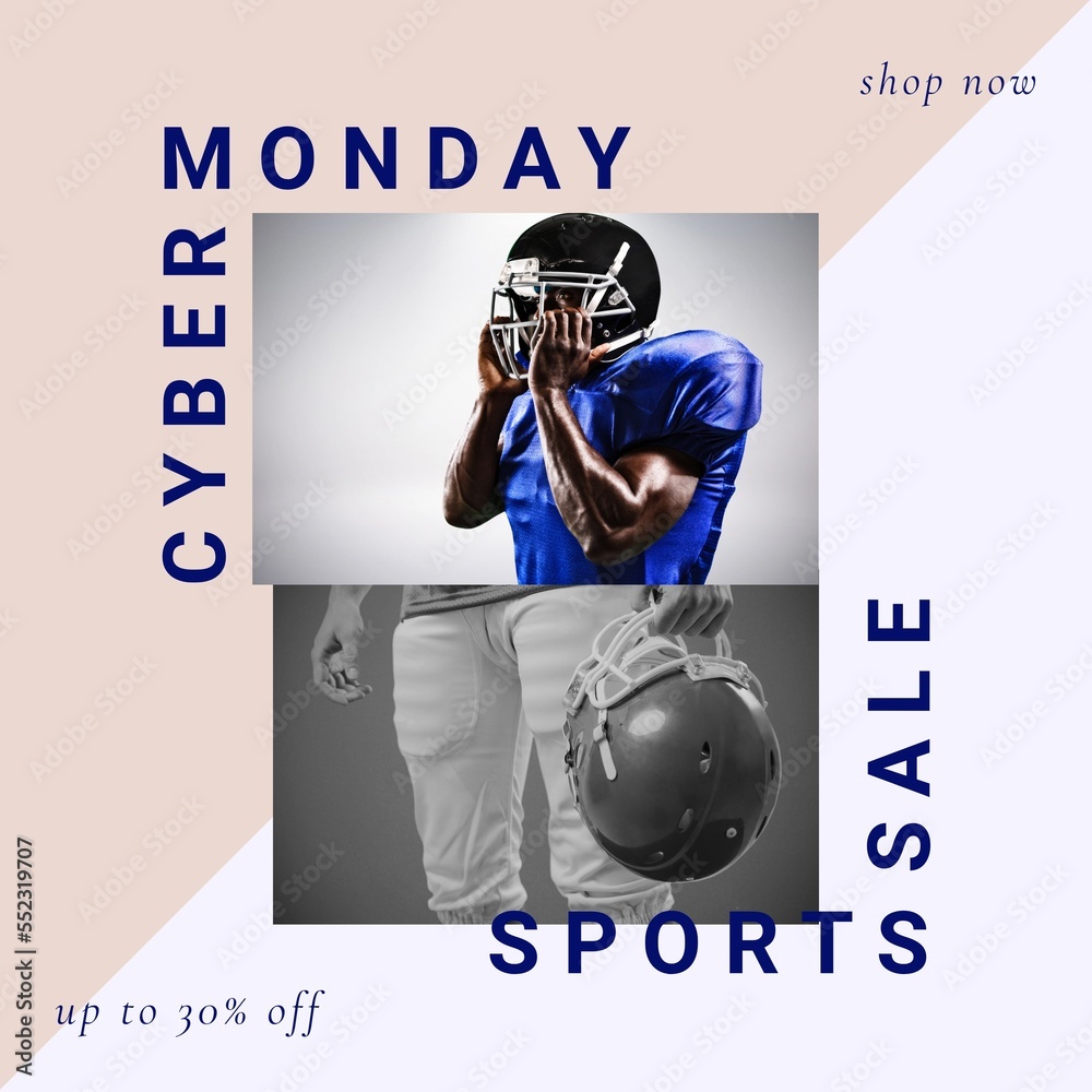 Image of cyber monday over african american male american football players