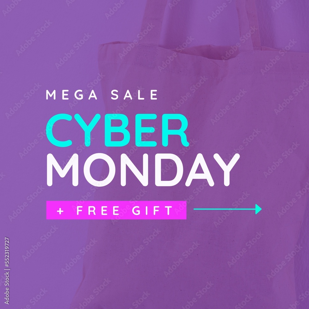 Square picture of cyber monday mega sale text over yellow shopping bag