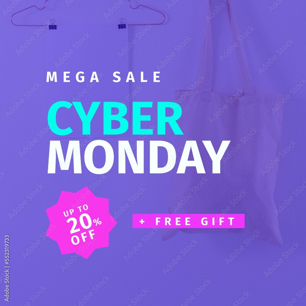 Square picture of cyber monday mega sale free gift text over white shopping bag