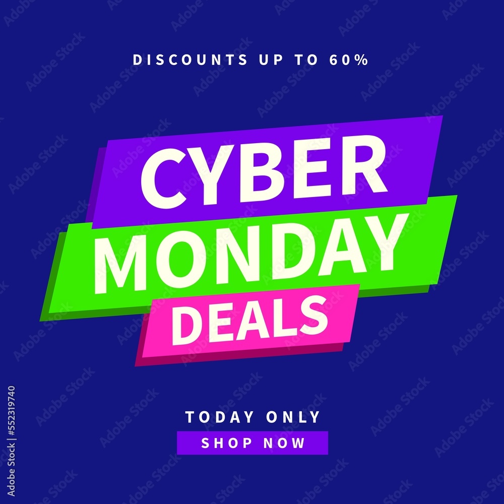 Square picture of cyber monday discounts up to 60 percent text over colorful background