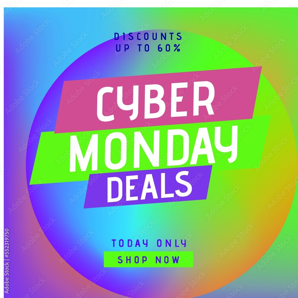 Square picture of cyber monday discounts up to 60 percent text over colorful background