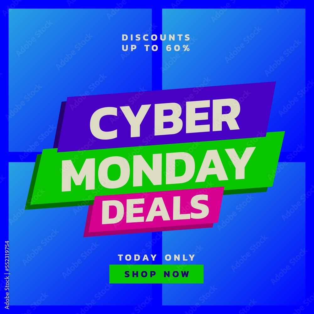 Square picture of cyber monday discounts up to 60 percent text over blue background