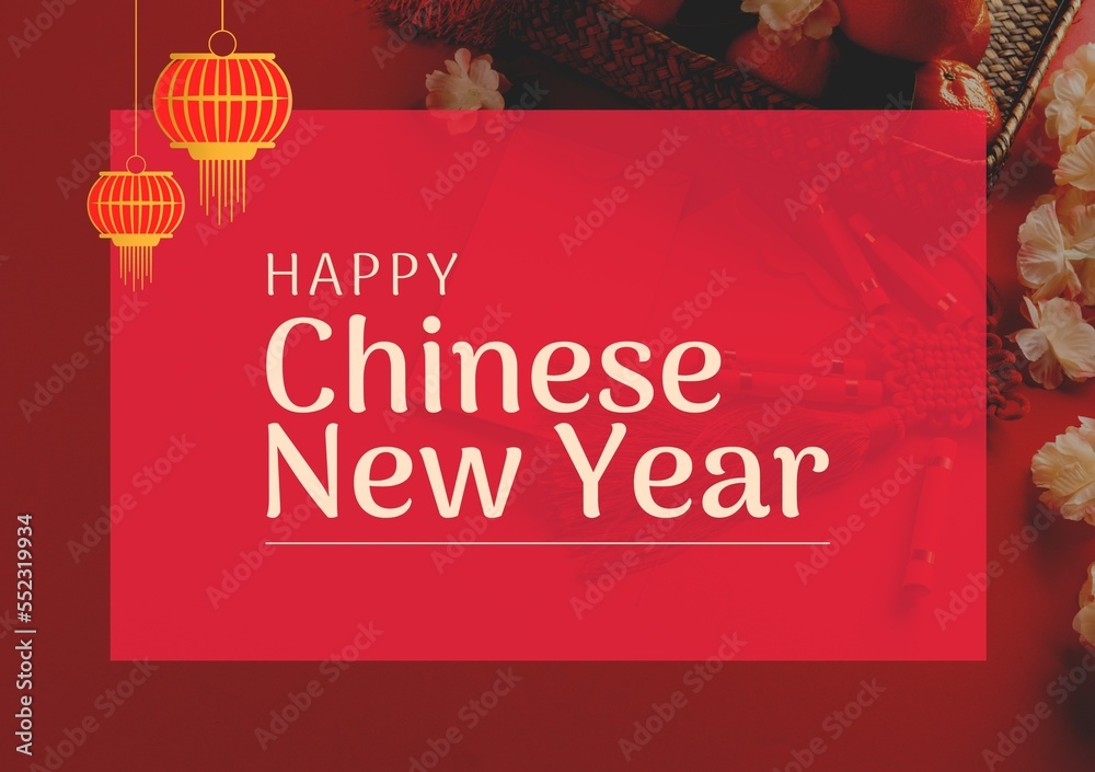 Composition of happy chinese new year text over decorations on red background