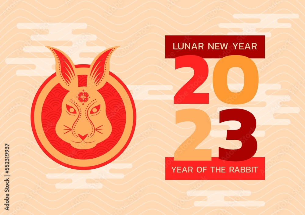 Composition of happy lunar new year 2023 text over rabbit on beige background