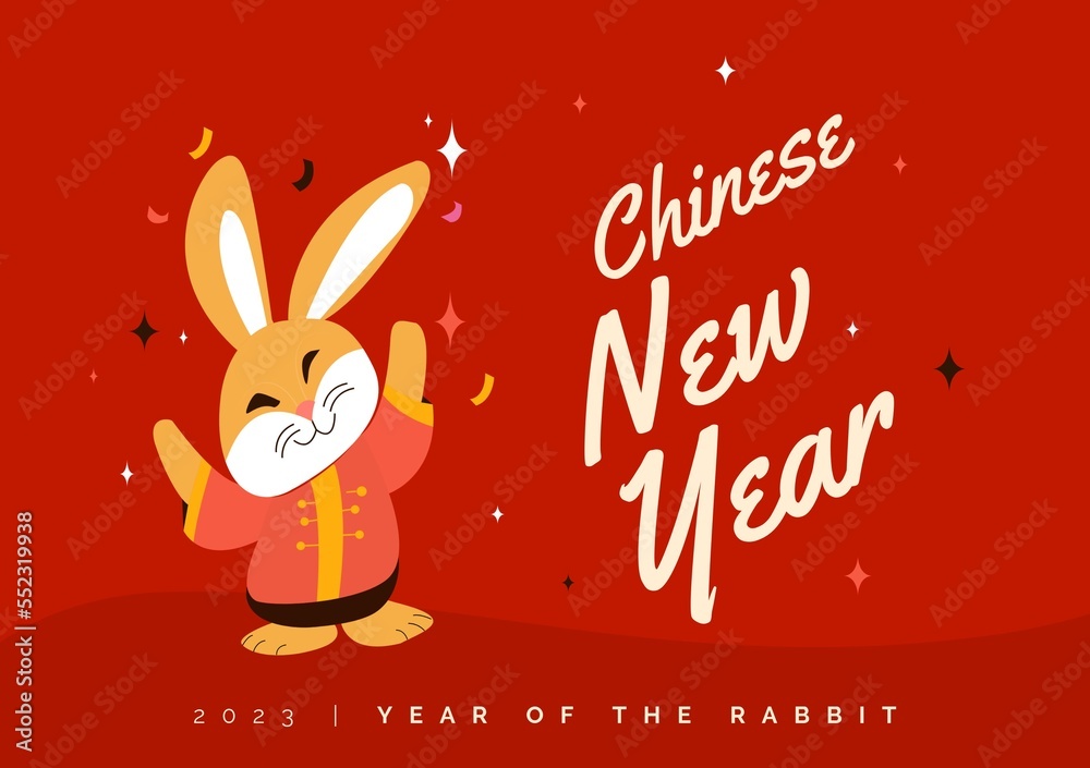 Composition of chinese new year text over rabbit on red background