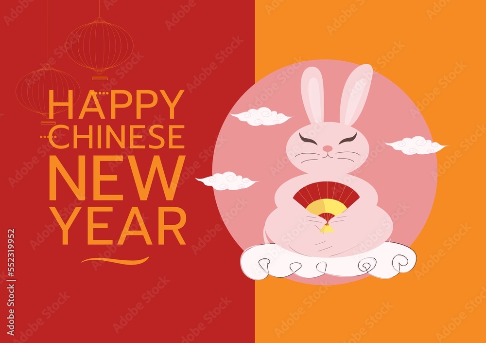 Composition of happy chinese new year text over rabbit on red background