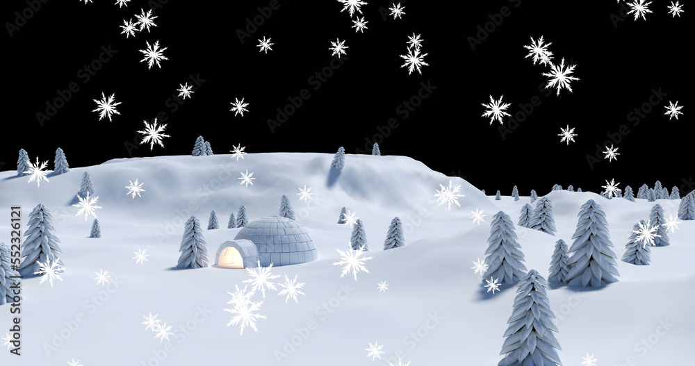 Image of snow falling over igloo in night winter landscape