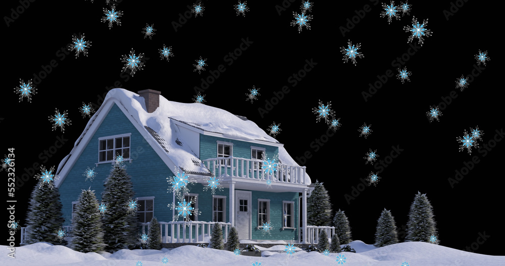 Image of snow falling over house in night winter landscape